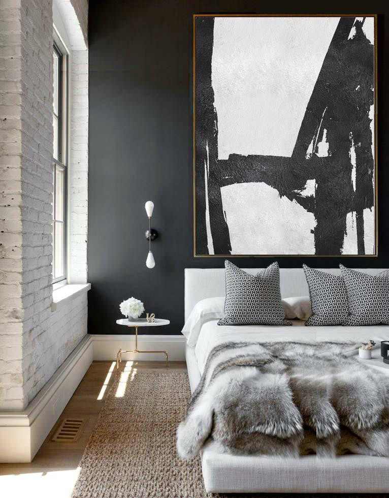 Abstract Painting Extra Large Canvas Art,Black And White Minimal Painting On Canvas - Colorful Wall Art